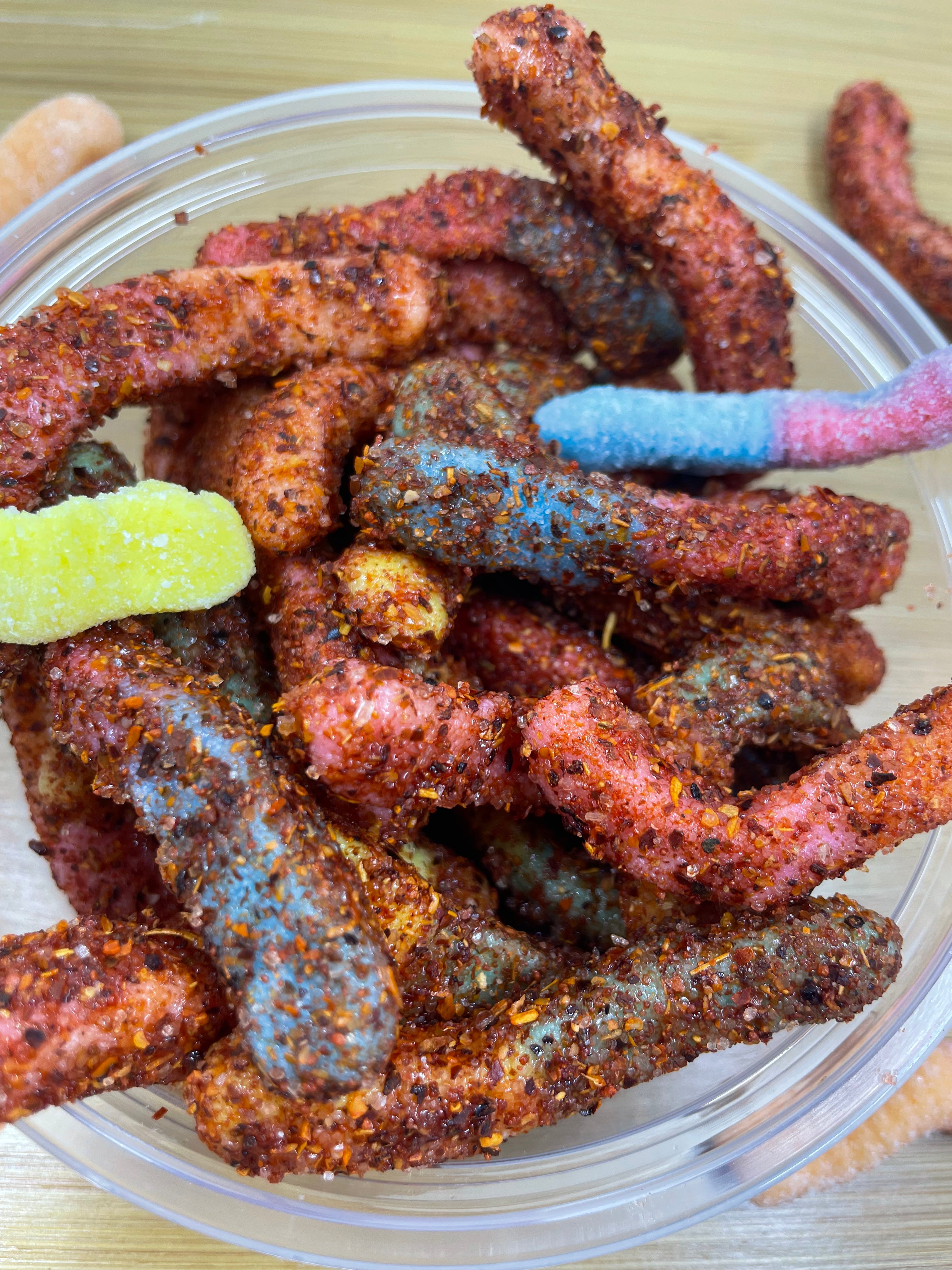 Sour Neon Gummy Worms Enchilados – V and A Spicy Treats